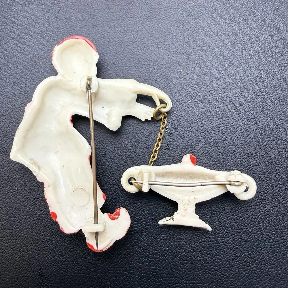 Celluloid Genie Magic Lamp Pin 2 Pc w Chain Vintage - Make a Wish!
